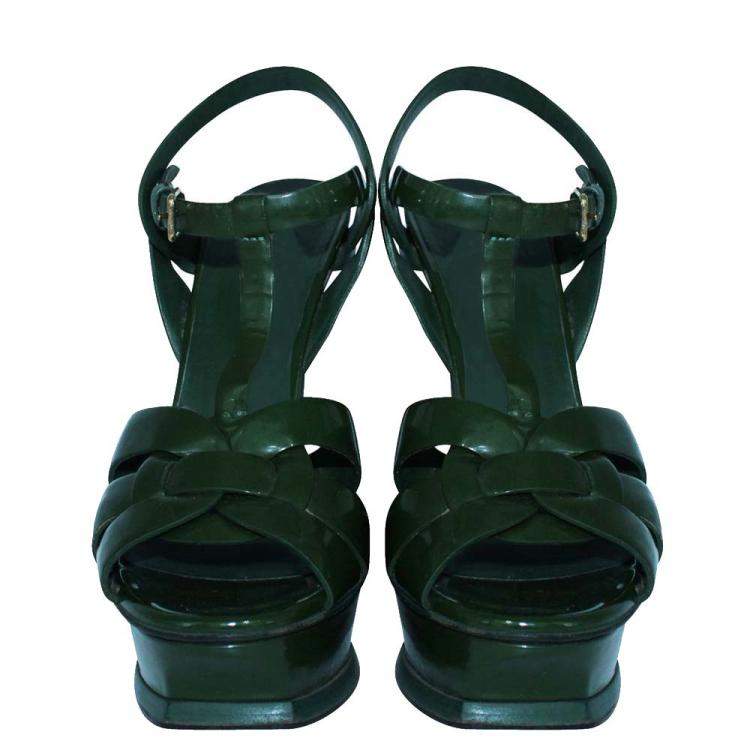 Pre Owned Yves Saint Laurent Green Patent Leather tribute Sandals Size 37