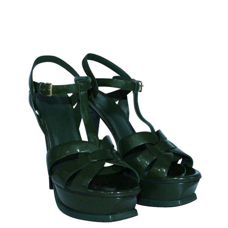 Pre Owned Yves Saint Laurent Green Patent Leather tribute Sandals Size 37
