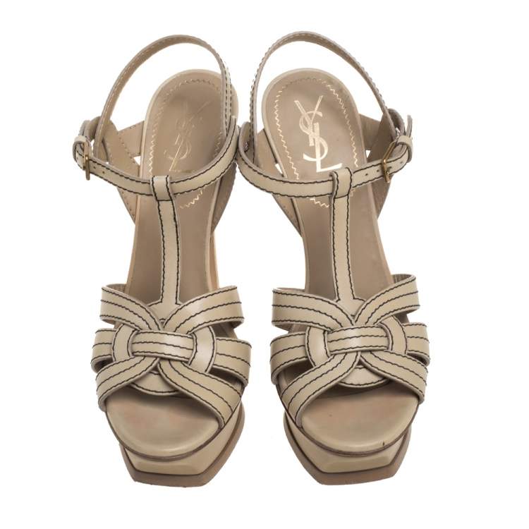 Pre Owned Saint Laurent Beige/Black Leather Tribute Sandals Size 38