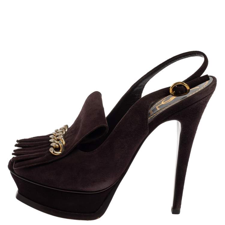 مملوكة مسبقًا Saint Laurent Dark Brown Suede Tribute Fringe Chain Detail Platform Sandals Size 37.5