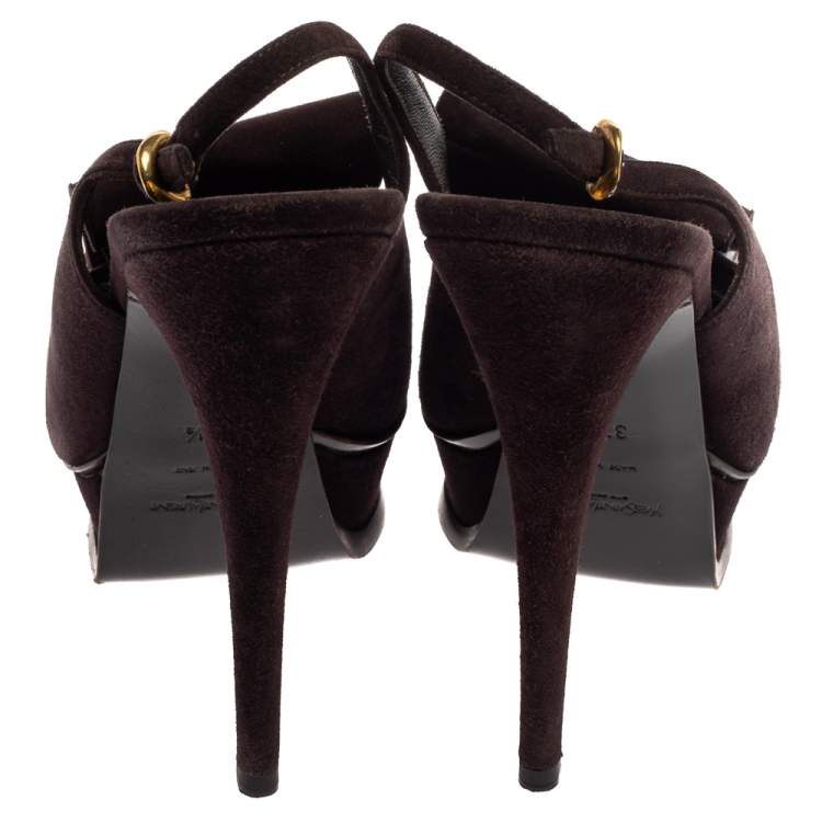 مملوكة مسبقًا Saint Laurent Dark Brown Suede Tribute Fringe Chain Detail Platform Sandals Size 37.5