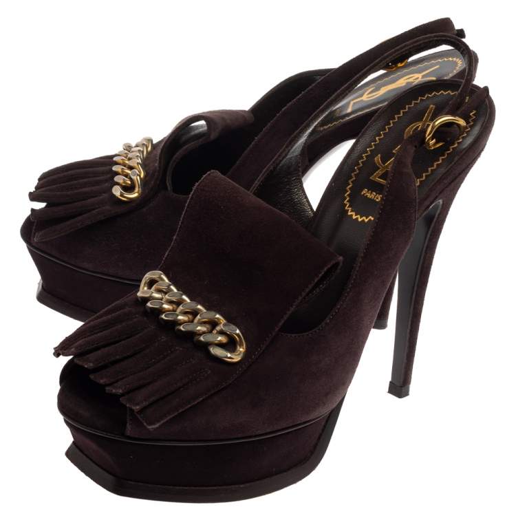 مملوكة مسبقًا Saint Laurent Dark Brown Suede Tribute Fringe Chain Detail Platform Sandals Size 37.5