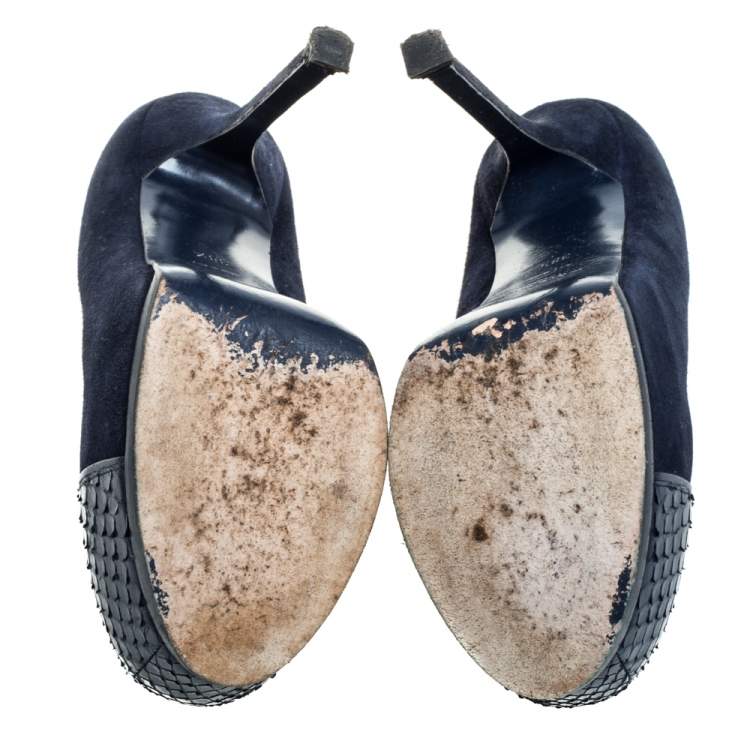 Pre Owned Saint Laurent Blue Suede And Python Tribtoo Platform Pumps Size 38.5