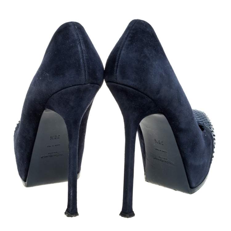 Pre Owned Saint Laurent Blue Suede And Python Tribtoo Platform Pumps Size 38.5