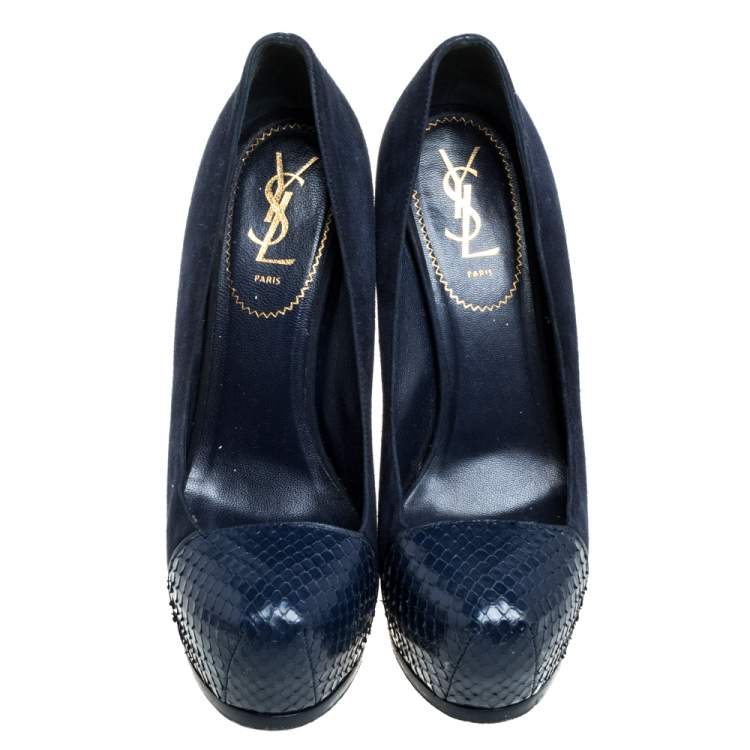 Pre Owned Saint Laurent Blue Suede And Python Tribtoo Platform Pumps Size 38.5