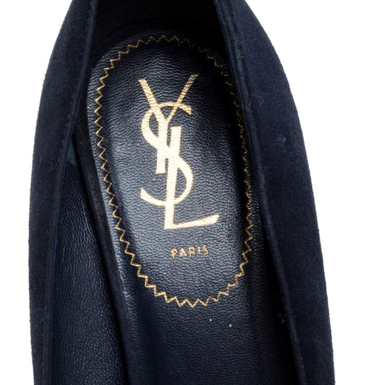 Pre Owned Saint Laurent Blue Suede And Python Tribtoo Platform Pumps Size 38.5