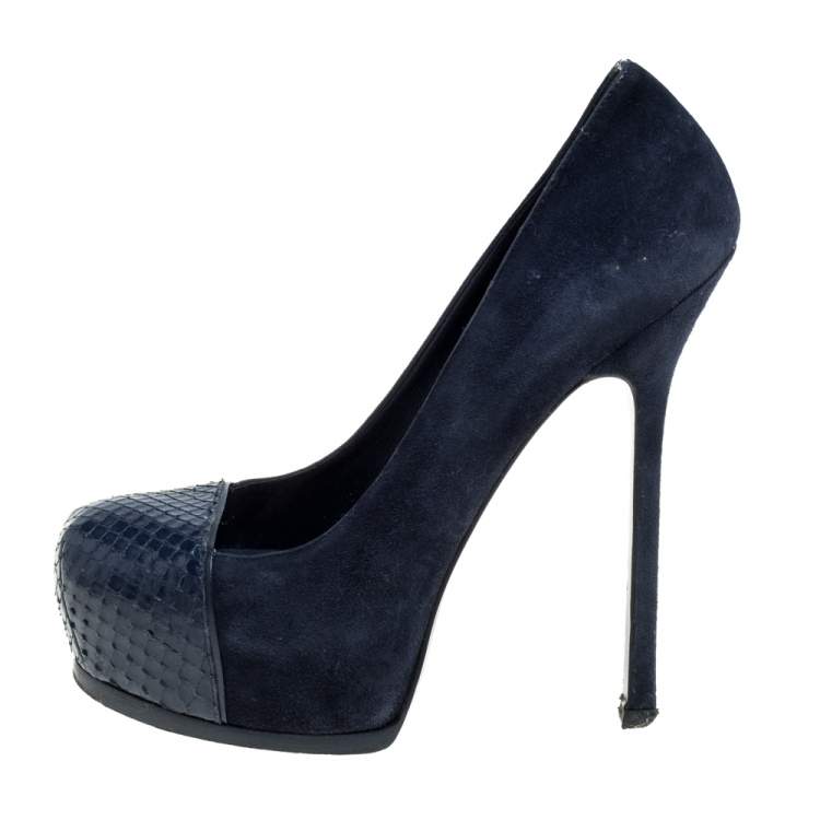 Pre Owned Saint Laurent Blue Suede And Python Tribtoo Platform Pumps Size 38.5