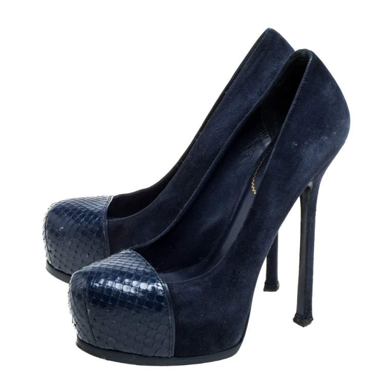 Pre Owned Saint Laurent Blue Suede And Python Tribtoo Platform Pumps Size 38.5