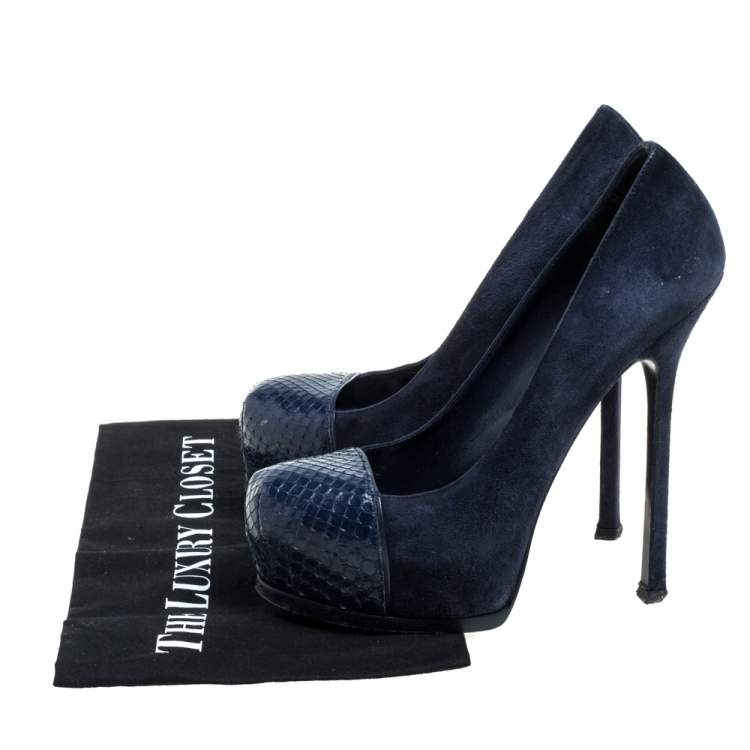 Pre Owned Saint Laurent Blue Suede And Python Tribtoo Platform Pumps Size 38.5