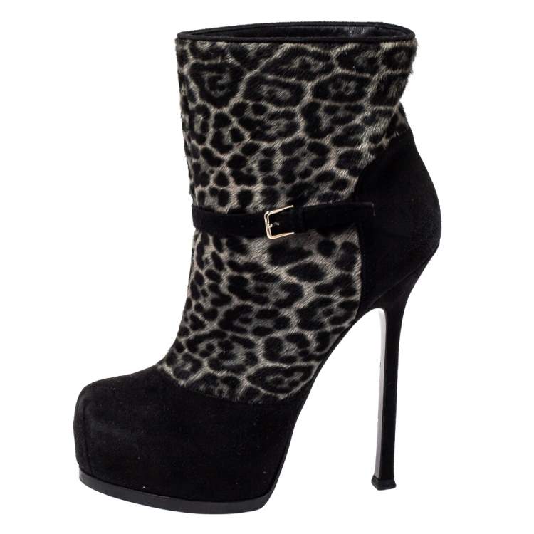 Pre Owned Saint Laurent Black Pony Hair And Suede Tribtoo Boots Size 37.5