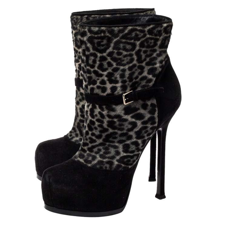 Pre Owned Saint Laurent Black Pony Hair And Suede Tribtoo Boots Size 37.5