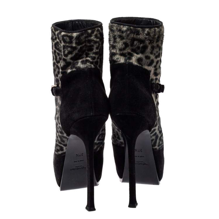 Pre Owned Saint Laurent Black Pony Hair And Suede Tribtoo Boots Size 37.5