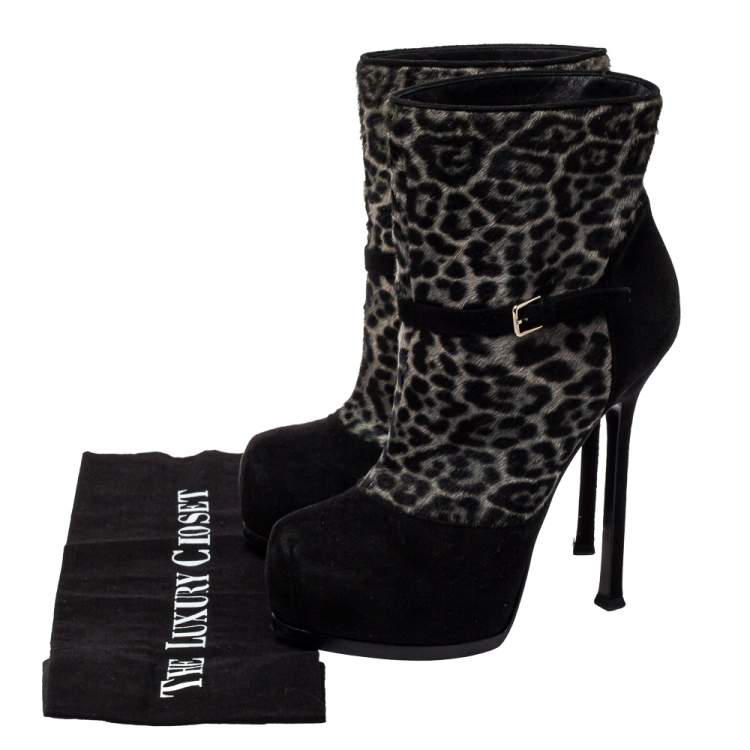 Pre Owned Saint Laurent Black Pony Hair And Suede Tribtoo Boots Size 37.5