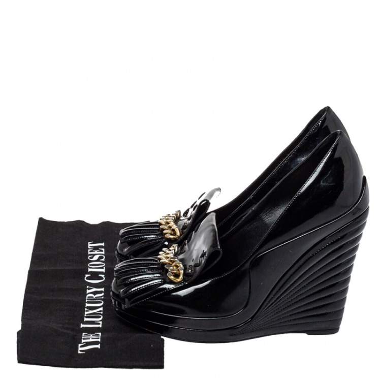 Pre Owned Saint Laurent Paris Black Patent Leather Myranda Fringe Detail Wedge Pumps Size 38.5