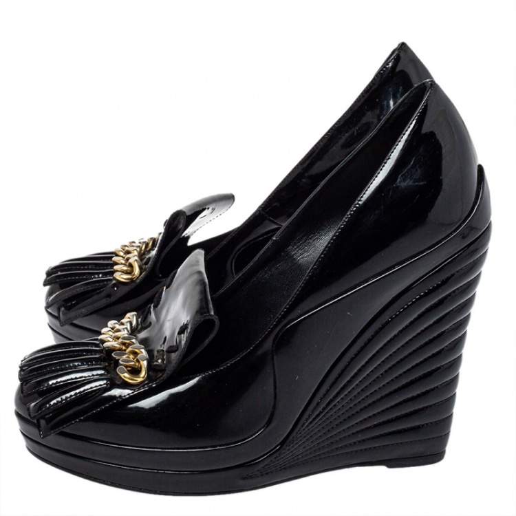 Pre Owned Saint Laurent Paris Black Patent Leather Myranda Fringe Detail Wedge Pumps Size 38.5