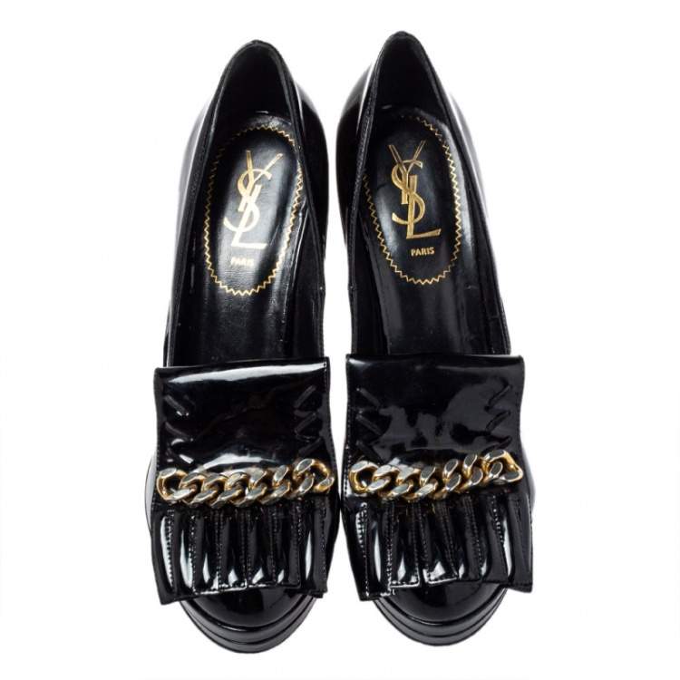 Pre Owned Saint Laurent Paris Black Patent Leather Myranda Fringe Detail Wedge Pumps Size 38.5