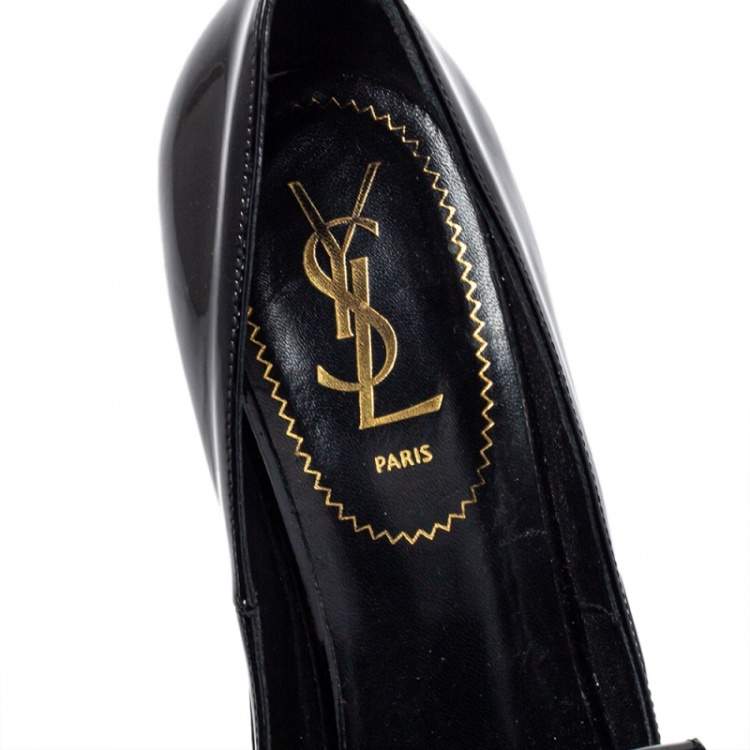 Pre Owned Saint Laurent Paris Black Patent Leather Myranda Fringe Detail Wedge Pumps Size 38.5