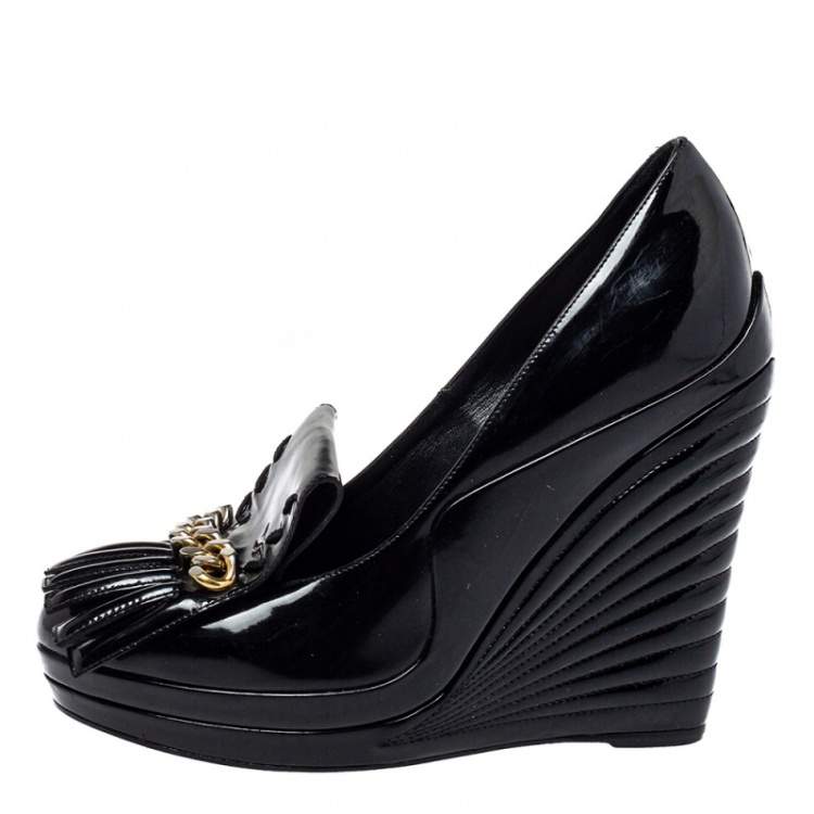 Pre Owned Saint Laurent Paris Black Patent Leather Myranda Fringe Detail Wedge Pumps Size 38.5
