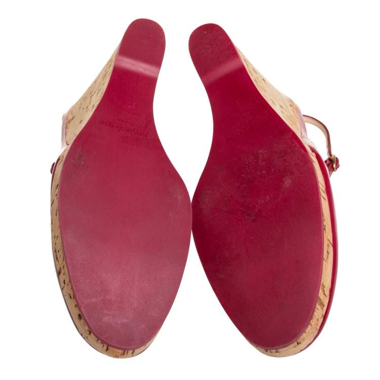Pre Owned Yves Saint Laurent Red Patent Leather Cork Wedge Slingback Sandals Size 37