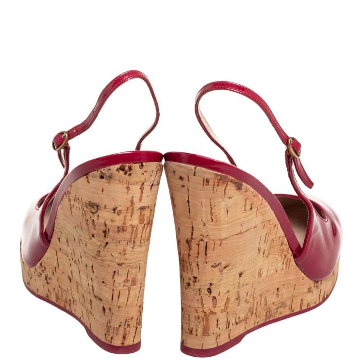 Pre Owned Yves Saint Laurent Red Patent Leather Cork Wedge Slingback Sandals Size 37