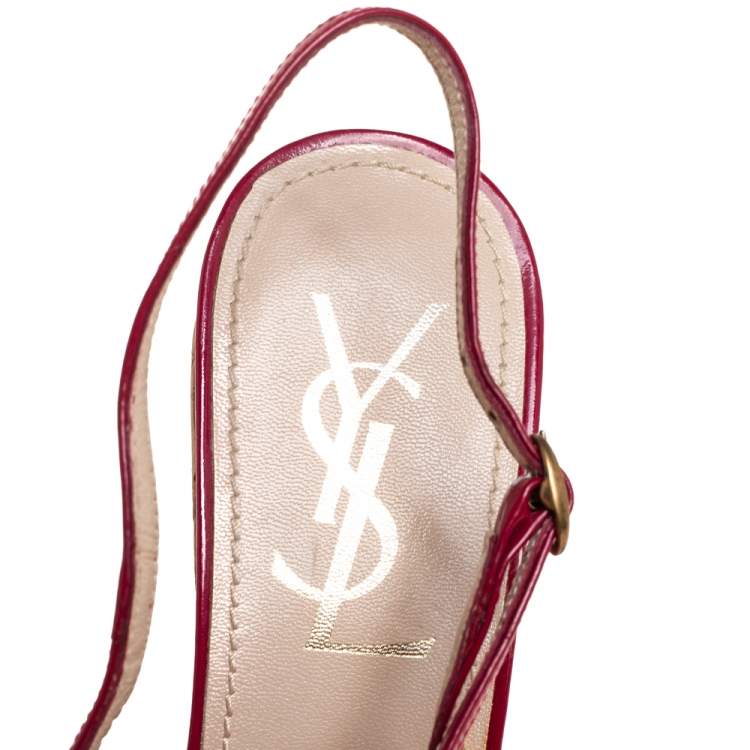 Pre Owned Yves Saint Laurent Red Patent Leather Cork Wedge Slingback Sandals Size 37