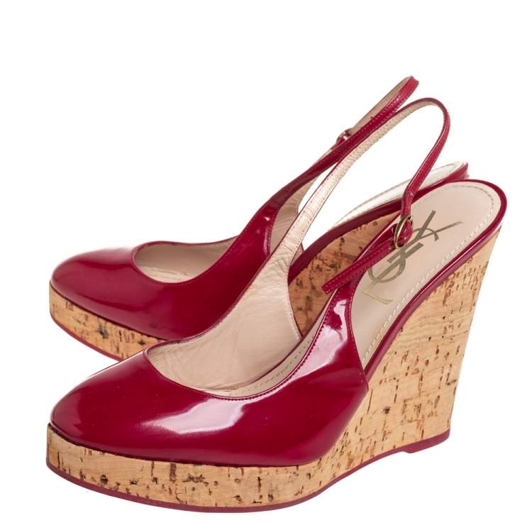 Pre Owned Yves Saint Laurent Red Patent Leather Cork Wedge Slingback Sandals Size 37
