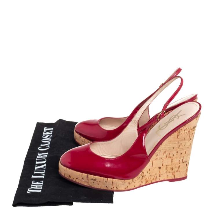 Pre Owned Yves Saint Laurent Red Patent Leather Cork Wedge Slingback Sandals Size 37