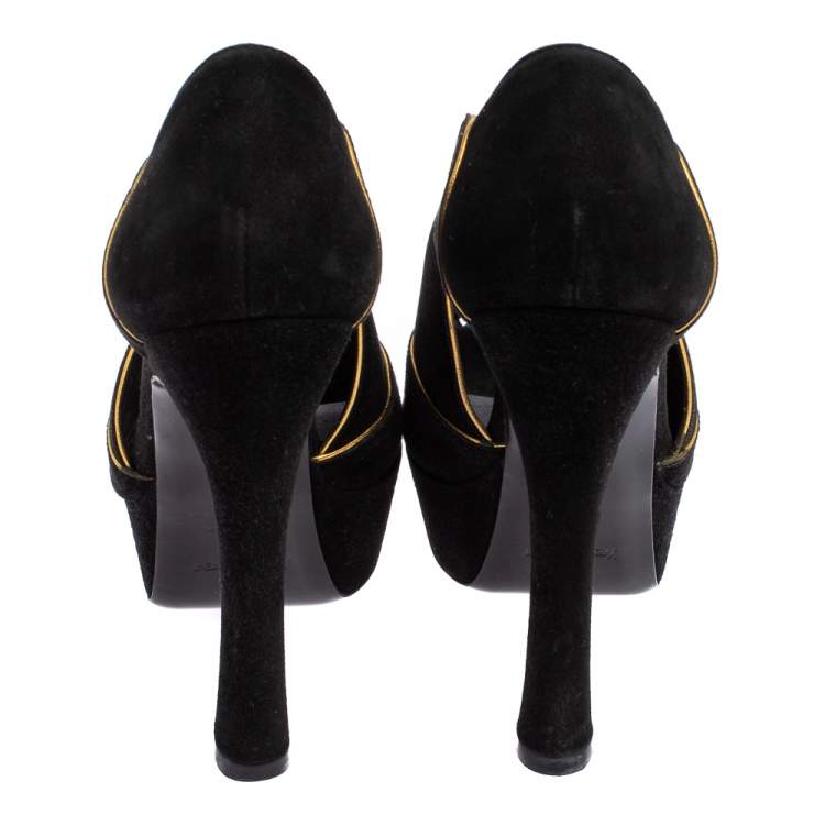 Pre Owned Yves Saint Laurent Black Cut Out Suede Palais Peep Toe Platform Pumps Size 36