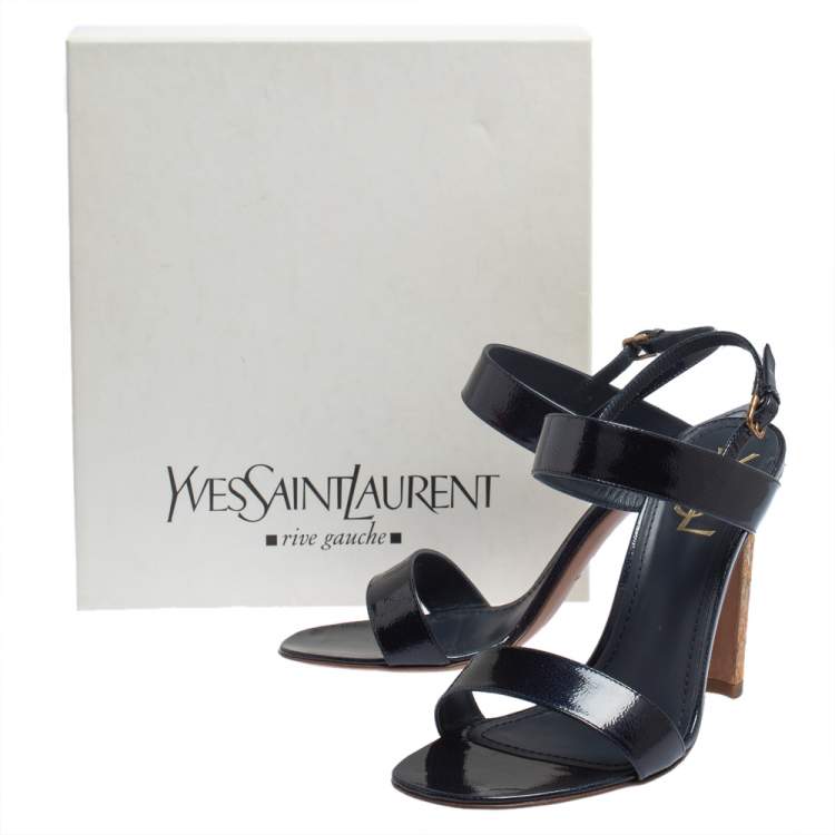 Pre Owned Yves Saint Laurent Navy Blue Patent Leather Cork Heel Ankle Strap Sandals Size 41