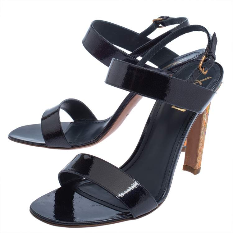 Pre Owned Yves Saint Laurent Navy Blue Patent Leather Cork Heel Ankle Strap Sandals Size 41