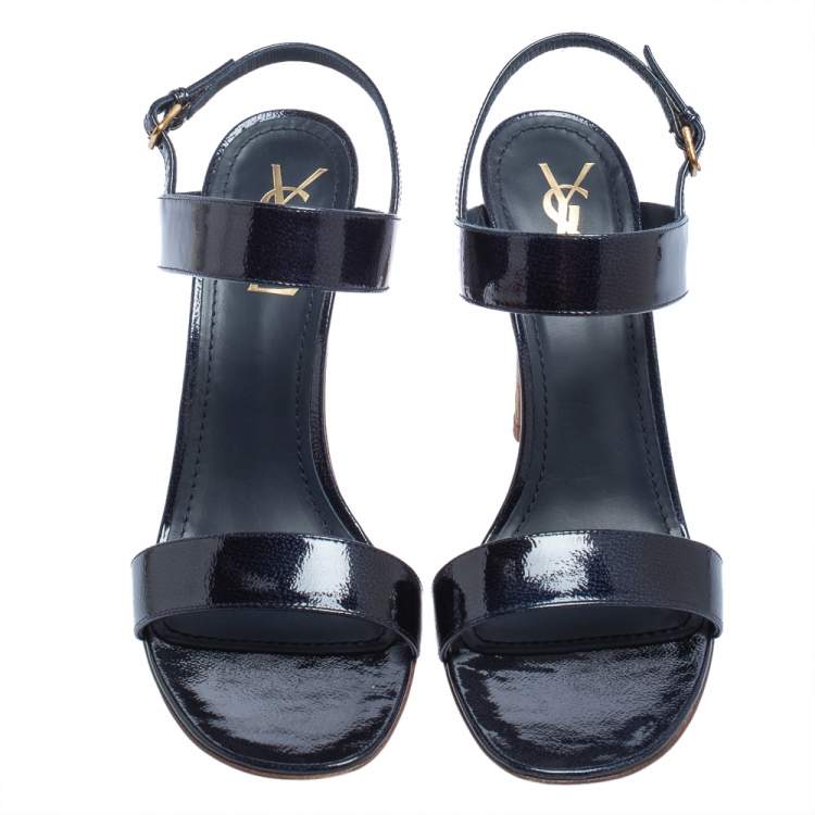 Pre Owned Yves Saint Laurent Navy Blue Patent Leather Cork Heel Ankle Strap Sandals Size 41