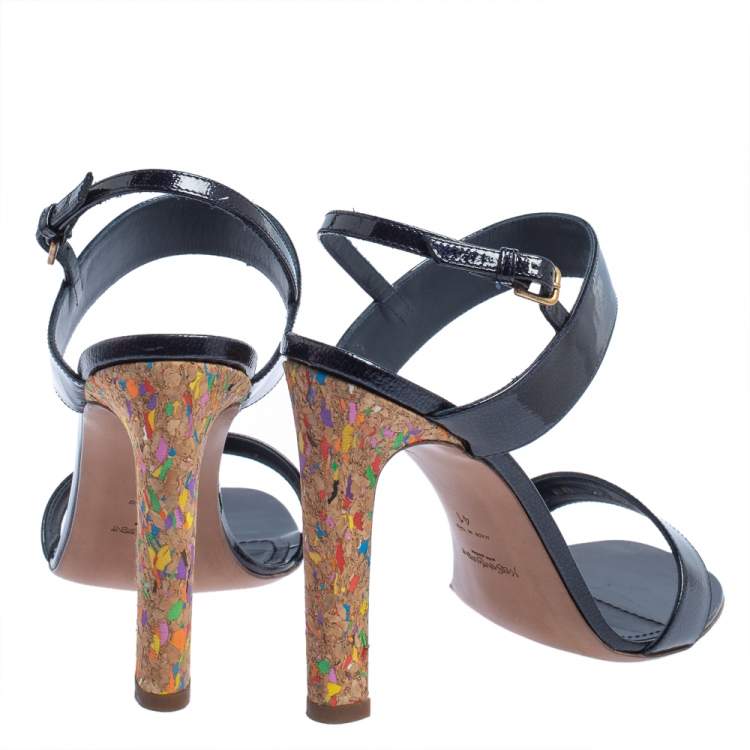 Pre Owned Yves Saint Laurent Navy Blue Patent Leather Cork Heel Ankle Strap Sandals Size 41