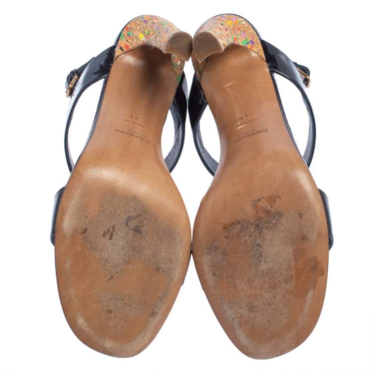 Pre Owned Yves Saint Laurent Navy Blue Patent Leather Cork Heel Ankle Strap Sandals Size 41