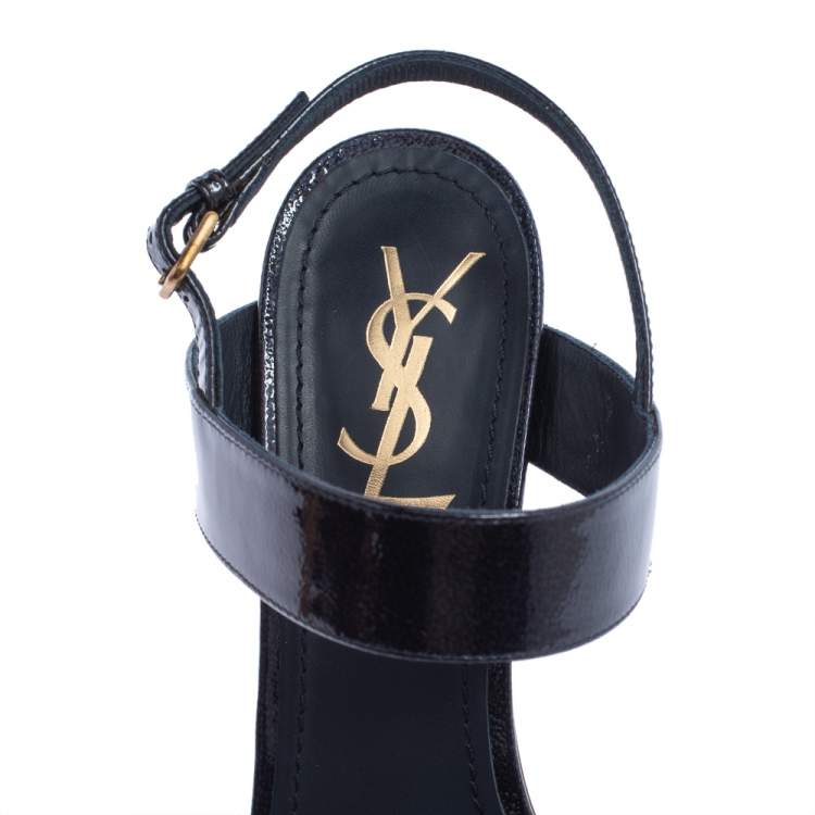 Pre Owned Yves Saint Laurent Navy Blue Patent Leather Cork Heel Ankle Strap Sandals Size 41