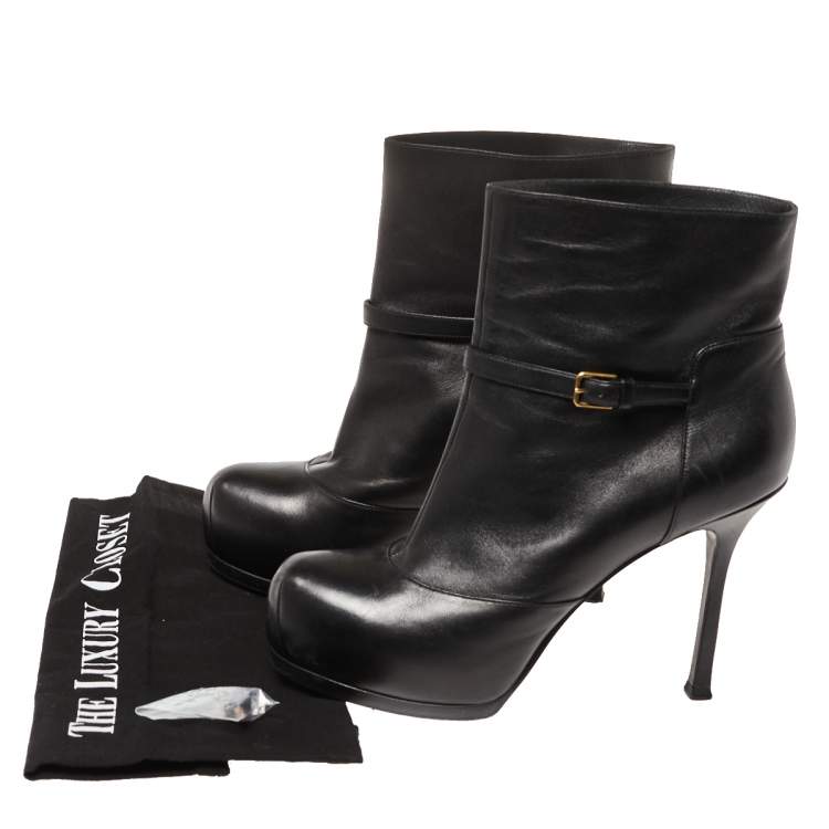مملوكة مسبقًا Yves Saint Laurent Black Leather Tribtoo Platform Ankle Boots Size 38