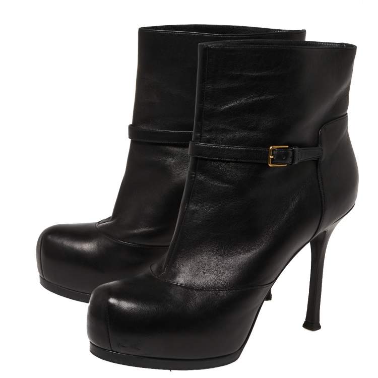 مملوكة مسبقًا Yves Saint Laurent Black Leather Tribtoo Platform Ankle Boots Size 38