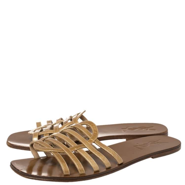 Pre Owned Yves Saint Laurent Beige Textured Patent Leather Strappy Flat Sandals Size 41