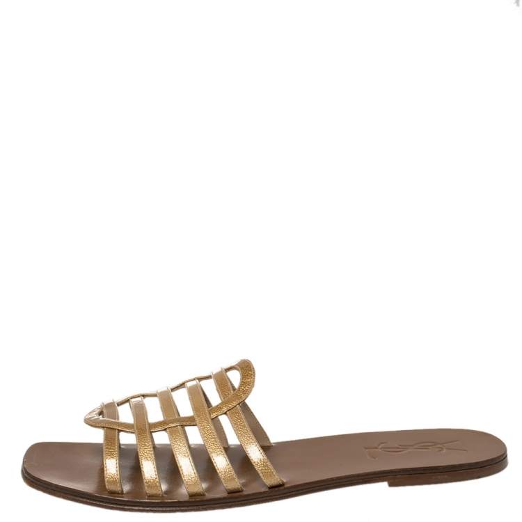Pre Owned Yves Saint Laurent Beige Textured Patent Leather Strappy Flat Sandals Size 41
