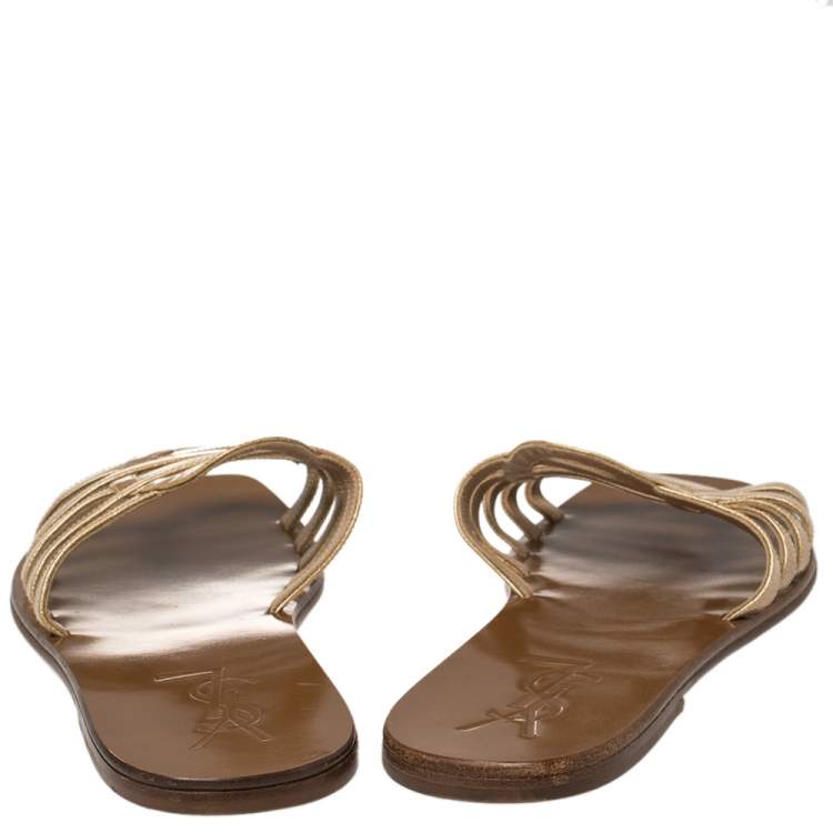 Pre Owned Yves Saint Laurent Beige Textured Patent Leather Strappy Flat Sandals Size 41