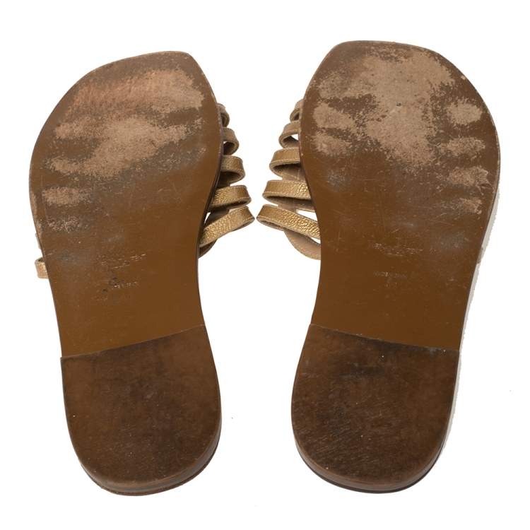 Pre Owned Yves Saint Laurent Beige Textured Patent Leather Strappy Flat Sandals Size 41