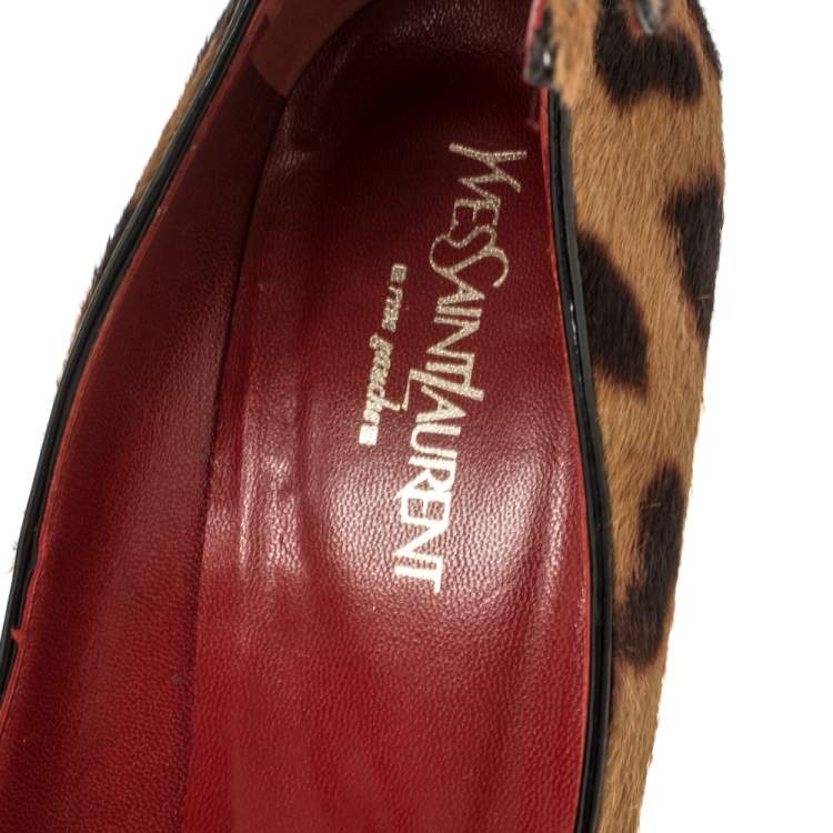 Pre Owned Yves Saint Laurent Animal Print Calf Hair Ankle Strap Wedge Sandals Size 39