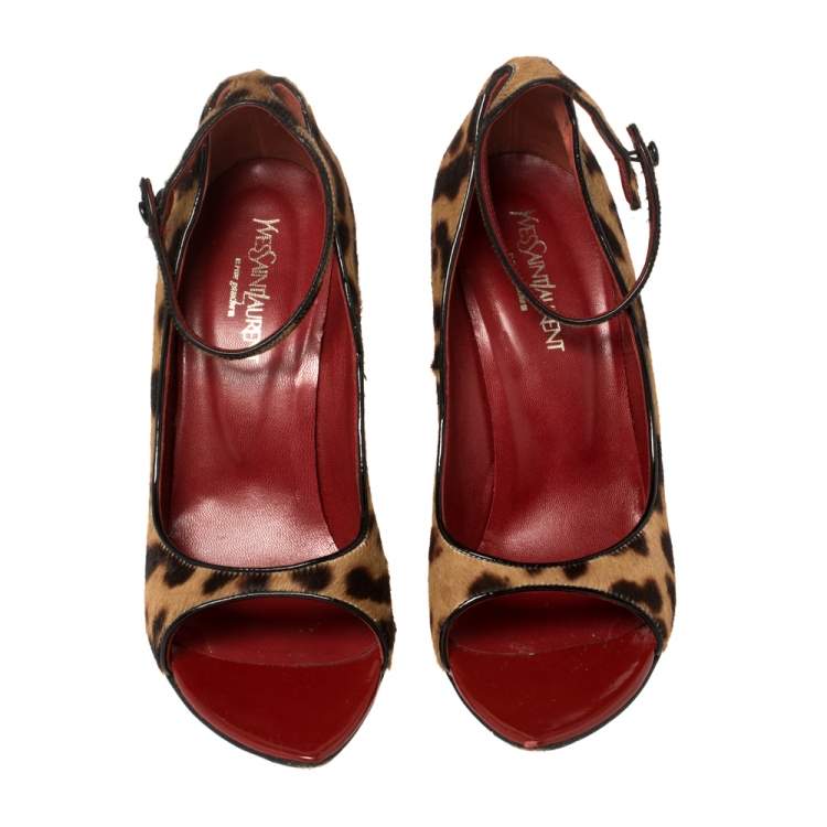 Pre Owned Yves Saint Laurent Animal Print Calf Hair Ankle Strap Wedge Sandals Size 39