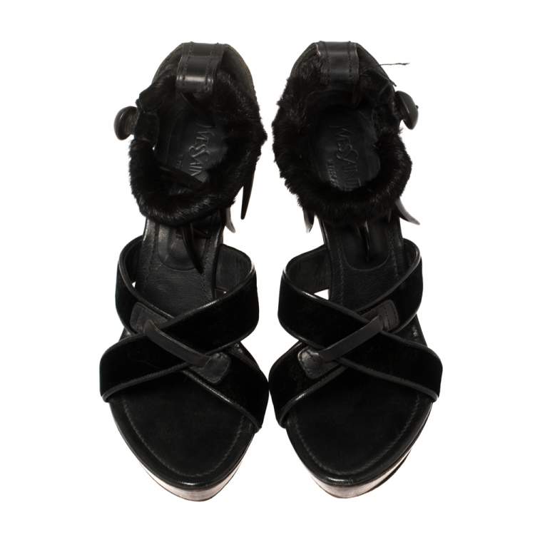 مملوكة مسبقًا Yves Saint Laurent x Tom Ford Velvet And Leather Fur Ankle Strap Safari Platform Sandals Size 38.5