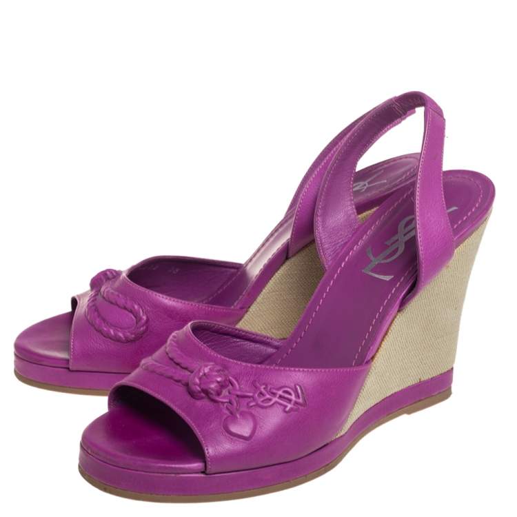 مملوكة مسبقًا Yves Saint Laurent Purple Leather Wedge Slingback Sandals Size 38
