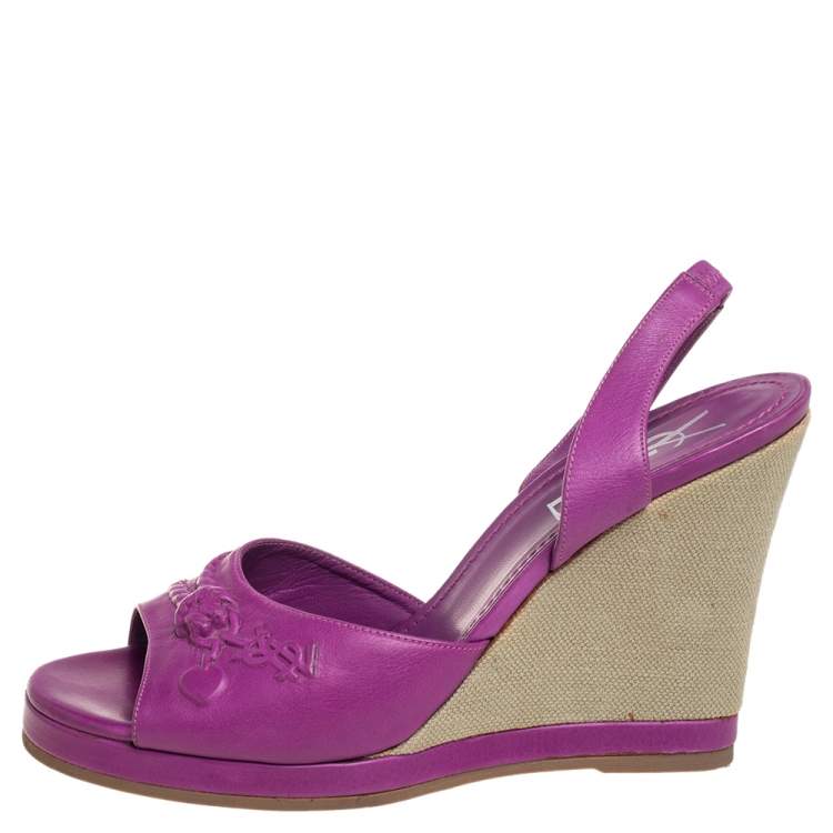 مملوكة مسبقًا Yves Saint Laurent Purple Leather Wedge Slingback Sandals Size 38