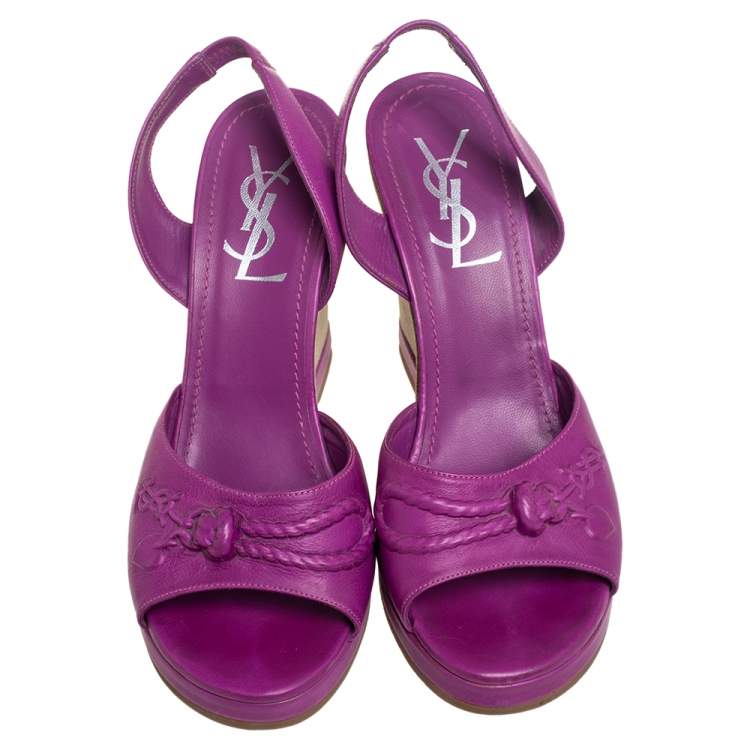 مملوكة مسبقًا Yves Saint Laurent Purple Leather Wedge Slingback Sandals Size 38