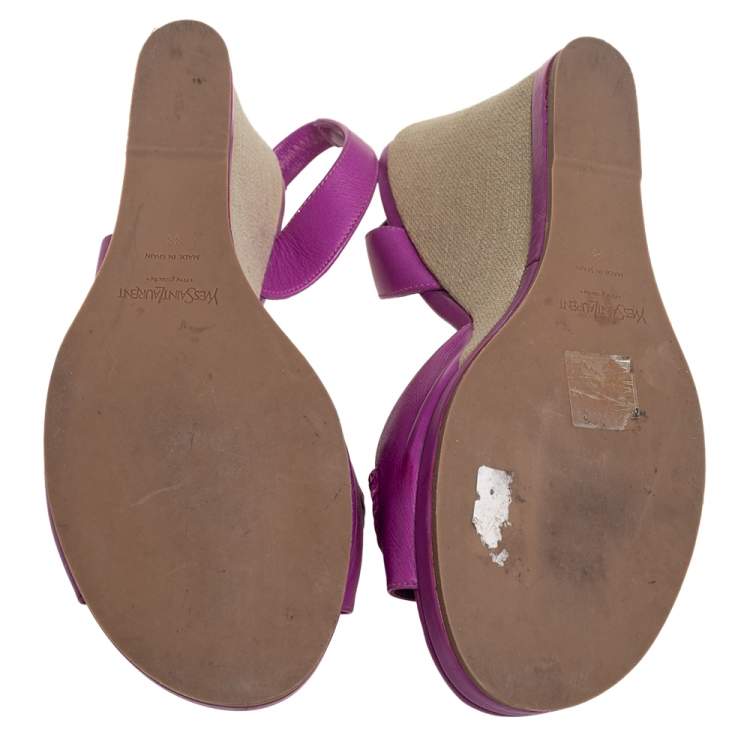 مملوكة مسبقًا Yves Saint Laurent Purple Leather Wedge Slingback Sandals Size 38