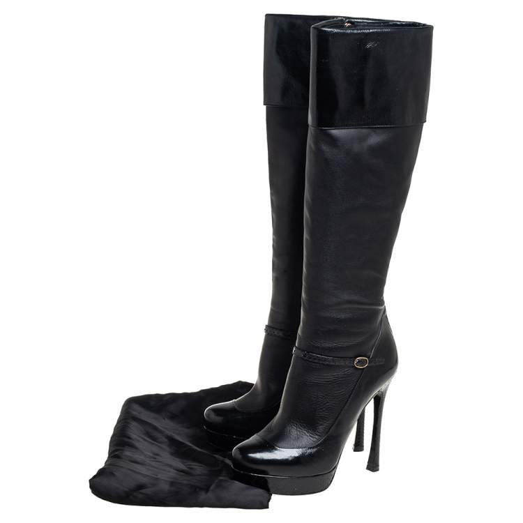Pre Owned Yves Saint Laurent Black Python And Leather Knee Length Boots Size 39