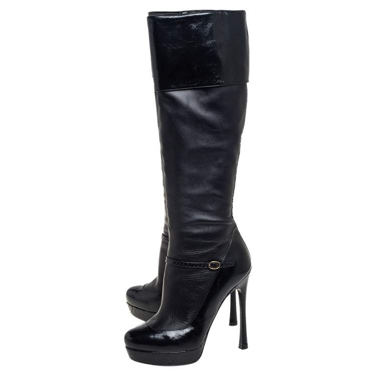 Pre Owned Yves Saint Laurent Black Python And Leather Knee Length Boots Size 39