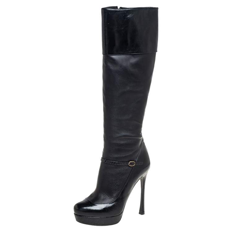 Pre Owned Yves Saint Laurent Black Python And Leather Knee Length Boots Size 39